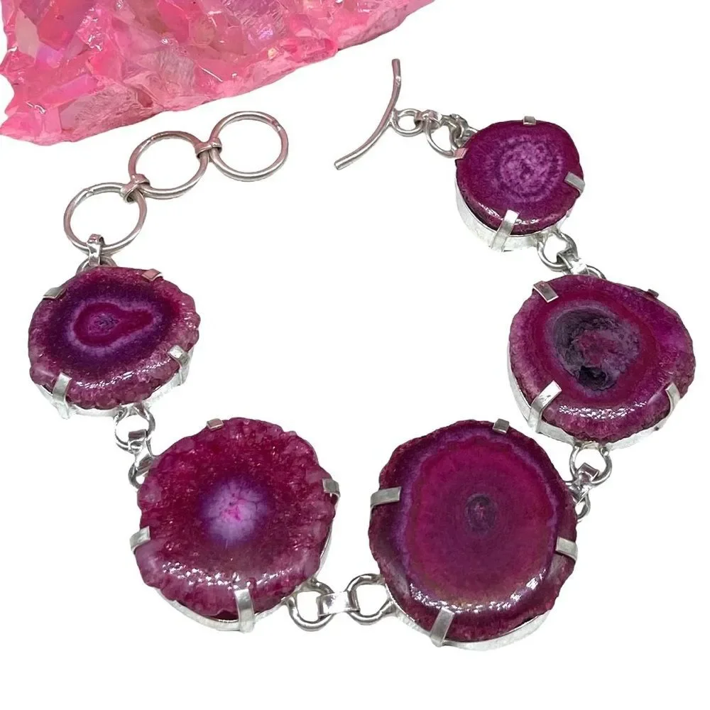 Solar Quartz Bracelet Chunky Stone 925 Sterling Silver Overlay Pink Purple Bold